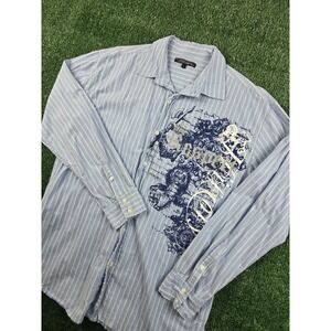 Y2K US Expedition Mens Large Blue Striped Graphic Button Down Shirt LongSleeve L